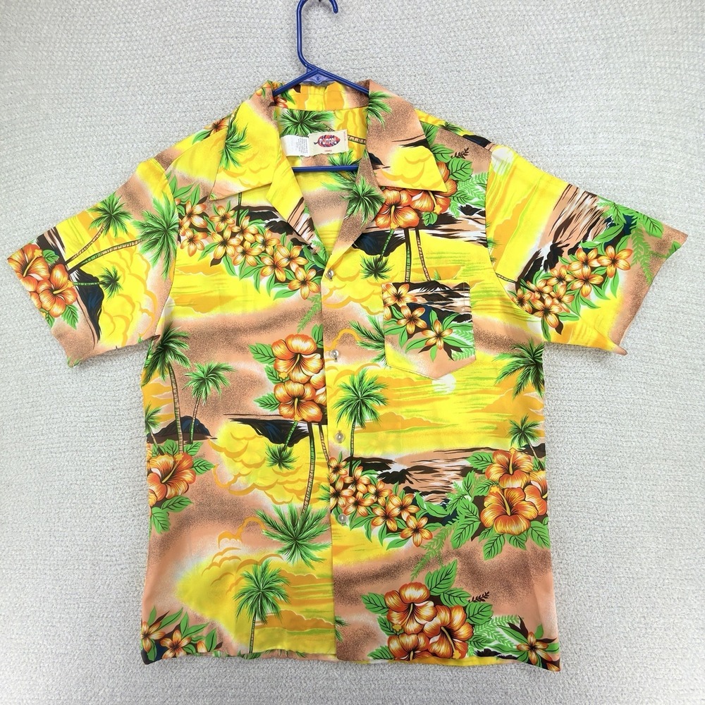 Vintage Pomare Hawaii Hawaiian Shirt Mens L Scenic Floral Aloha Yellow 70s
